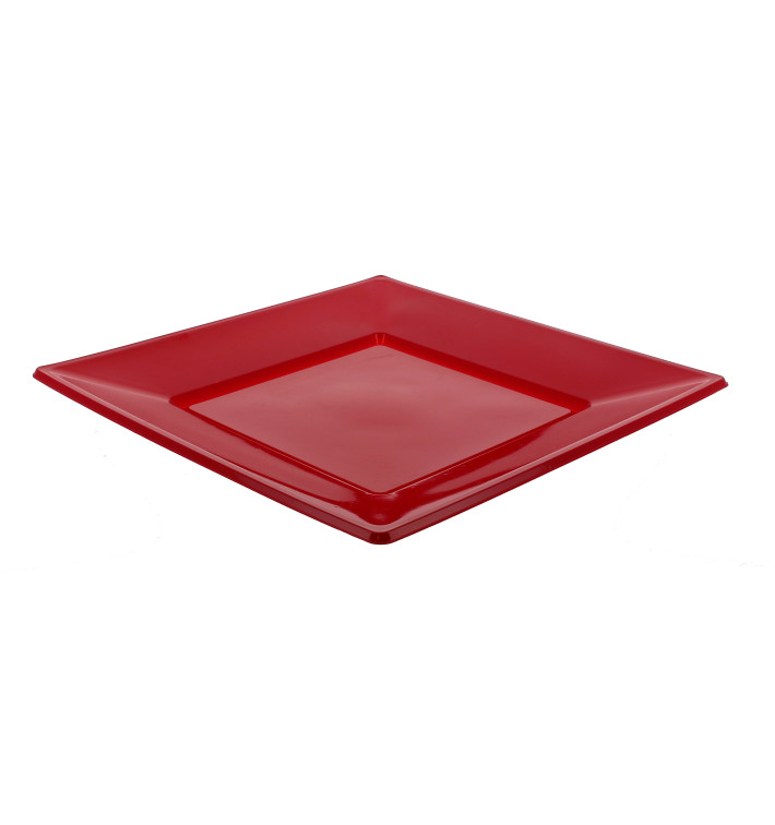 Plastic Plate Flat Square shape Burgundy 23 cm 