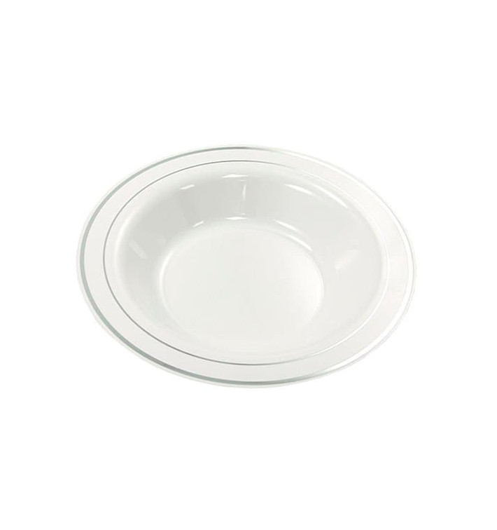 Plastic Plate Extra Rigid Deep with Border Silver 23cm (200 Units) Plastic Plate Extra Rigid Deep with Border Silver 23cm (200 Units)