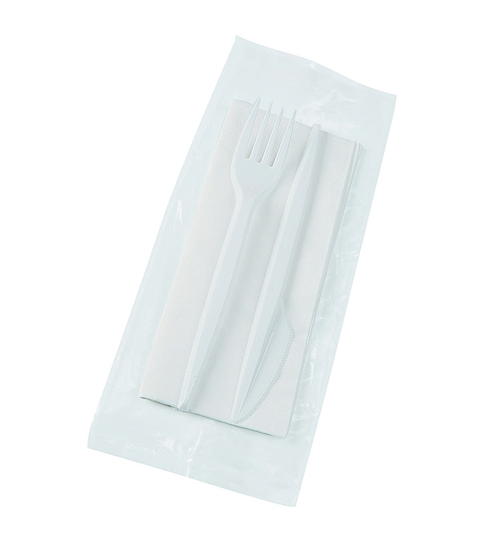 Plastic Cutlery kit PS Fork, Knife and Napkin White (250 Units) Plastic Cutlery kit PS Fork, Knife and Napkin White (250 Units)