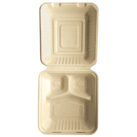 Sugarcane Hinged Container "Menu Box" 3 Compartments Natural 20x20x7,5cm (50 Units) 