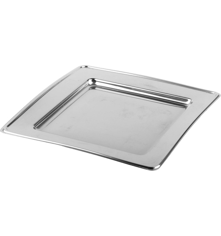 Plastic Plate PET Square shape Silver 30cm (4 Units)