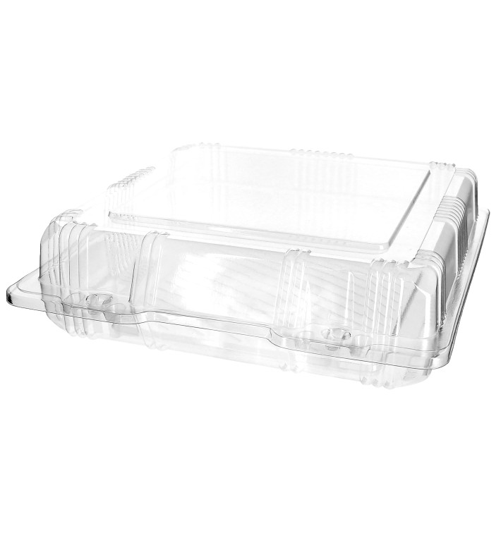 Plastic Hinged Bakery Container PET 20x20x6cm (20 Units) Plastic Hinged Bakery Container PET 20x20x6cm (20 Units)