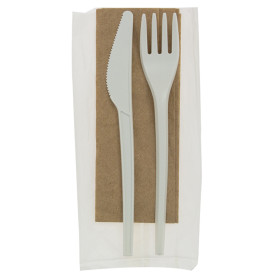 Cornstarch Cutlery Kit PLA : Fork+ Spoon + Knife + Napkin CPLA (250 Units)