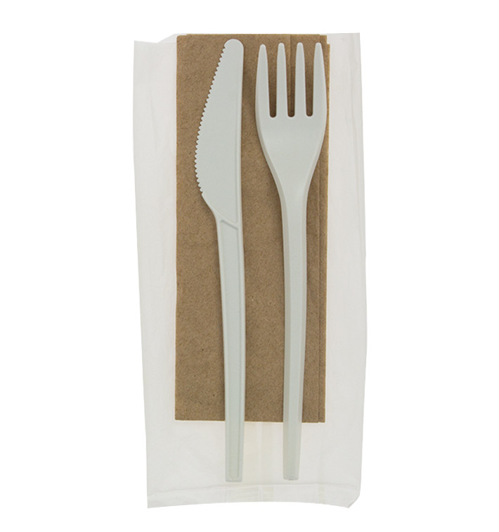 Cornstarch Cutlery Kit PLA : Fork+ Spoon + Knife + Napkin CPLA (250 Units)