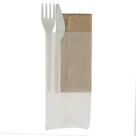 Cornstarch Cutlery Kit PLA : Fork+ Spoon + Knife + Napkin CPLA (250 Units)