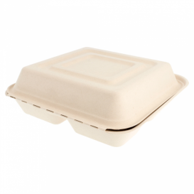 Sugarcane Hinged Container "Menu Box" 3 Compartments 25x25x7,5cm (50 Units) 