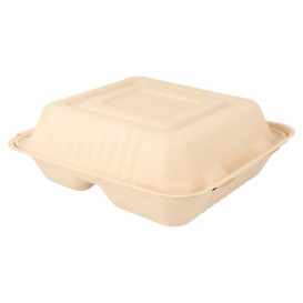 Sugarcane Hinged Container "Menu Box" 3 Compartments Natural 20x20x7,5cm (50 Units) 