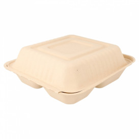 Sugarcane Hinged Container "Menu Box" 3 Compartments Natural 20x20x7,5cm (50 Units) 