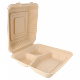 Sugarcane Hinged Container "Menu Box" 3 Compartments Natural 20x20x7,5cm (50 Units) 