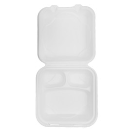 Sugarcane Hinged Container "Menu Box" 3 Compartments White 20x20x7,5cm (50 Units) 