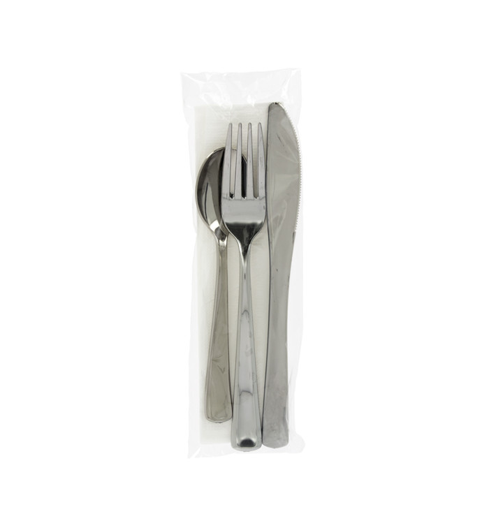 Plastic Cutlery kit PS Metallized 3 Pieces with Napkin (300 Units)