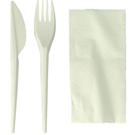 Cornstarch Cutlery Kit PLA : Fork + Knife + Napkin PLA (300 Units)