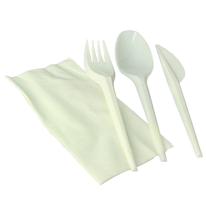 Cornstarch Cutlery Kit PLA : Fork+ Spoon + Knife + Napkin PLA (100 Units) Cornstarch Cutlery Kit PLA : Fork+ Spoon + Knife + Napkin PLA (100 Units)