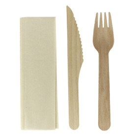 Wooden Varnished Cutlery Set of Fork, Knife and Napkin (25 Sets)