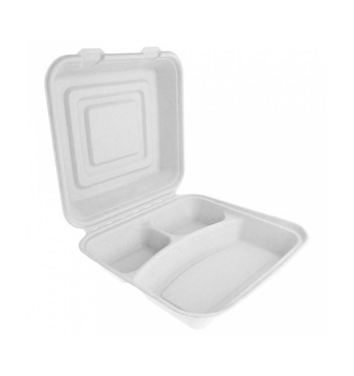 Sugarcane Hinged Container "Menu Box" White 3C 24x23x7,6cm (200 Units)