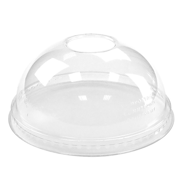Plastic Dome Lid with Hole PLA for Cup 265,355,590ml (100 Units) Plastic Dome Lid with Hole PLA for Cup 265,355,590ml (100 Units)