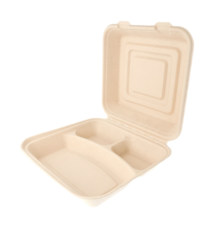 Sugarcane Hinged Container "Menu Box" 3 Compartments 25x25x7,5cm (250 Units) Sugarcane Hinged Container "Menu Box" 3 Compartments 25x25x7,5cm (250 Units)
