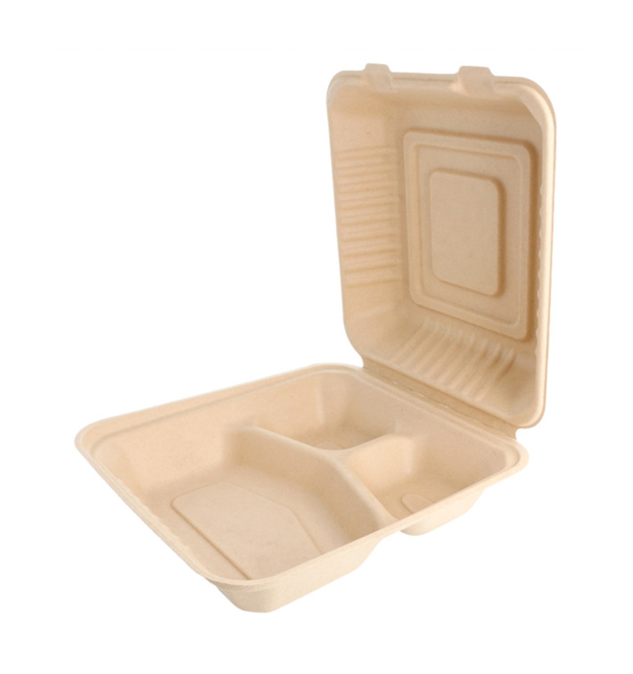Sugarcane Hinged Container "Menu Box" 3 Compartments Natural 20x20x7,5cm (50 Units) Sugarcane Hinged Container "Menu Box" 3 Compartments Natural 20x20x7,5cm (50 Units)
