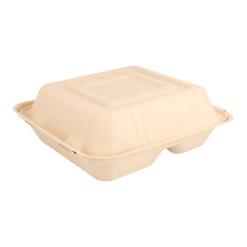 Sugarcane Hinged Container "Menu Box" 3 Compartments Natural 20x20x7,5cm (200 Units)
