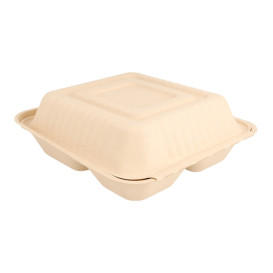 Sugarcane Hinged Container "Menu Box" 3 Compartments Natural 20x20x7,5cm (200 Units)