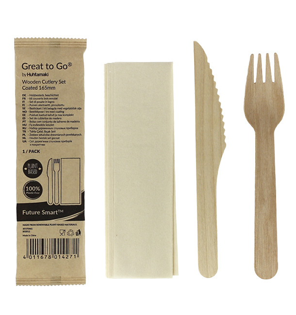 Wooden Varnished Cutlery Set of Fork, Knife and Napkin (25 Sets)