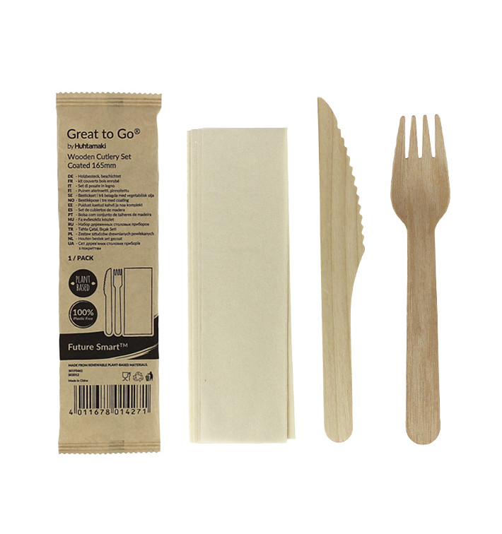 Wooden Varnished Cutlery Set of Fork, Knife and Napkin (25 Sets)