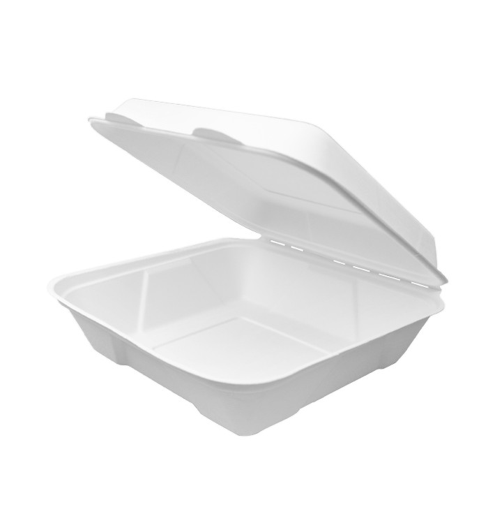 Sugarcane Hinged Container "Menu Box" White 22,5x22,5x7,5cm(200 Units)