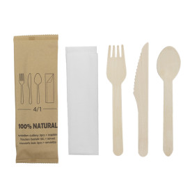 Wooden Fork, Knife, Spoon and Napkin Set 20,5cm (25 Units)