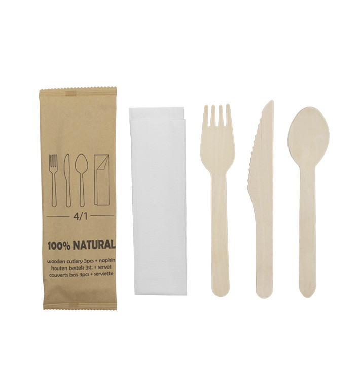 Wooden Fork, Knife, Spoon and Napkin Set 20,5cm (600 Units) Wooden Fork, Knife, Spoon and Napkin Set 20,5cm (600 Units)