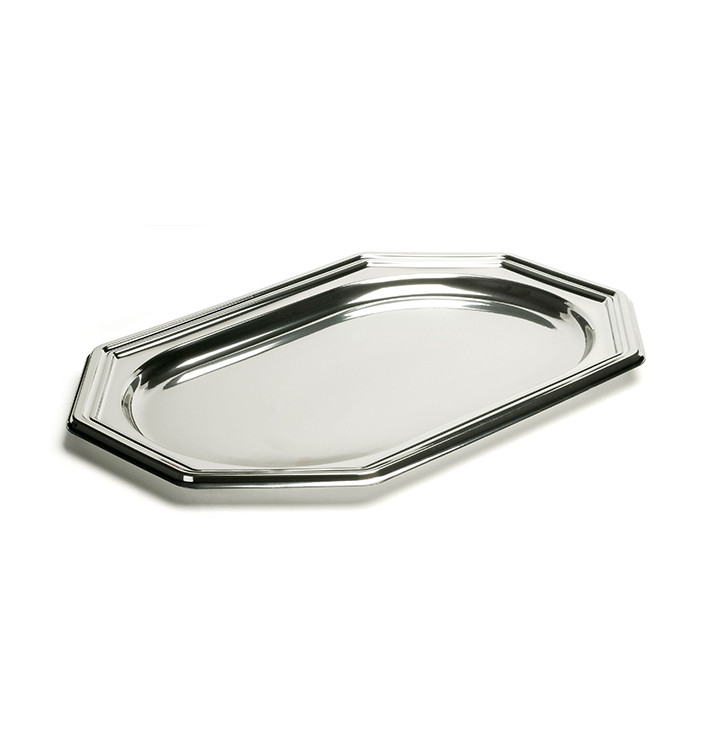 Plastic Platter Octogonal Shape Silver 27x19 cm (5 Units) Plastic Platter Octogonal Shape Silver 27x19 cm (5 Units)