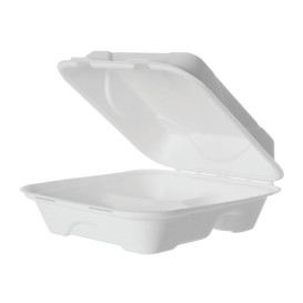 Sugarcane Hinged Container "Menu Box" 3 Compartments White 20x20x7,5cm (200 Units)