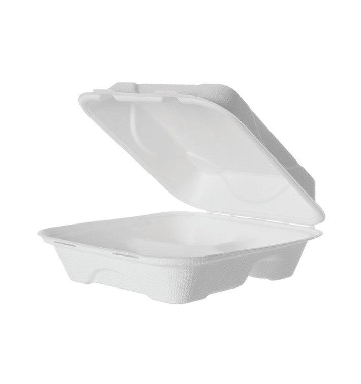 Sugarcane Hinged Container "Menu Box" 3 Compartments White 20x20x7,5cm (50 Units) 