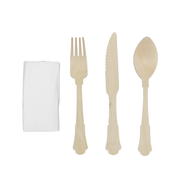 Wooden Forck, Knife, Spoon and Napkin Kit "Classic" 20cm (100 Units) Wooden Forck, Knife, Spoon and Napkin Kit "Classic" 20cm (100 Units)
