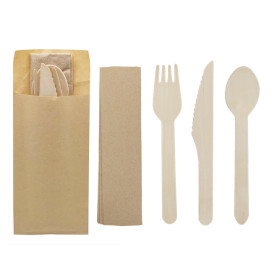 Wooden Cutlery Kit Fork, Knife, Spoon and Napkin (50 Units)