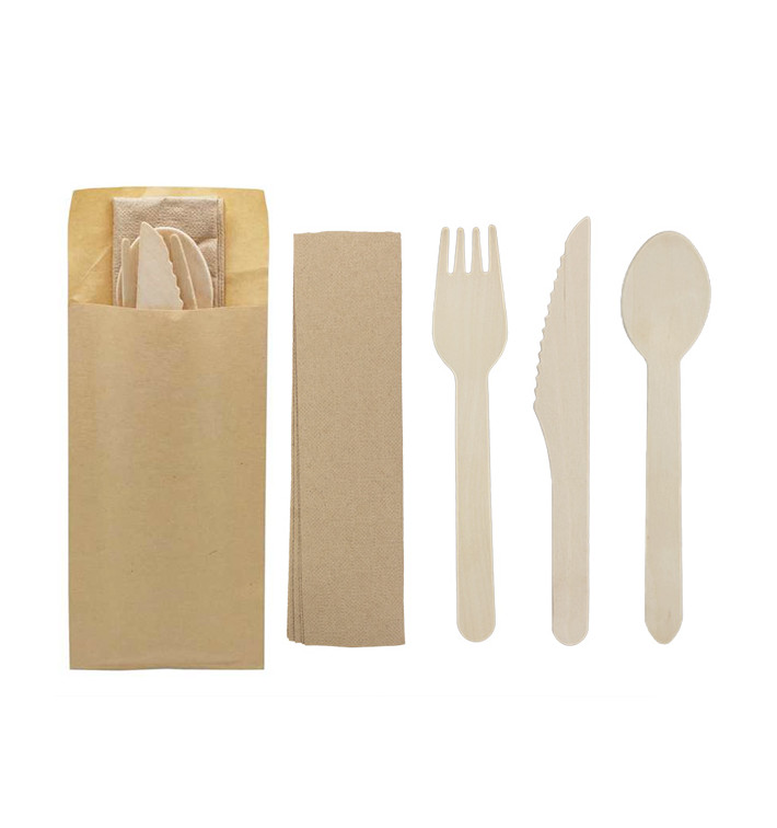 Wooden Cutlery Kit Fork, Knife, Spoon and Napkin (50 Units) Wooden Cutlery Kit Fork, Knife, Spoon and Napkin (50 Units)