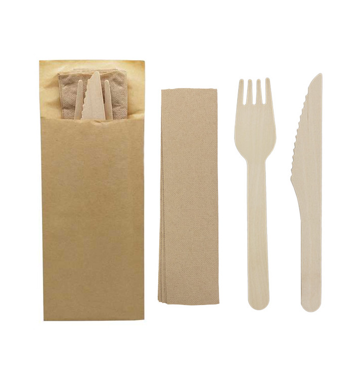 Wooden Cutlery Kit Fork, Knife and Napkin (1.200 Units) Wooden Cutlery Kit Fork, Knife and Napkin (1.200 Units)