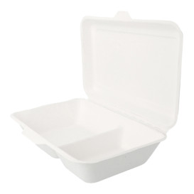 Sugarcane Hinged Container "Menu Box" 2 Compartments White 22,5x16,5x6,4cm 